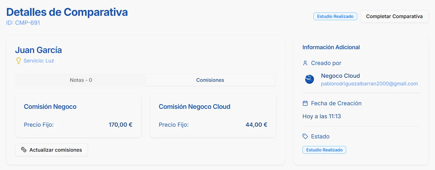 Comparativa de tarifas energéticas en CRM Negoco